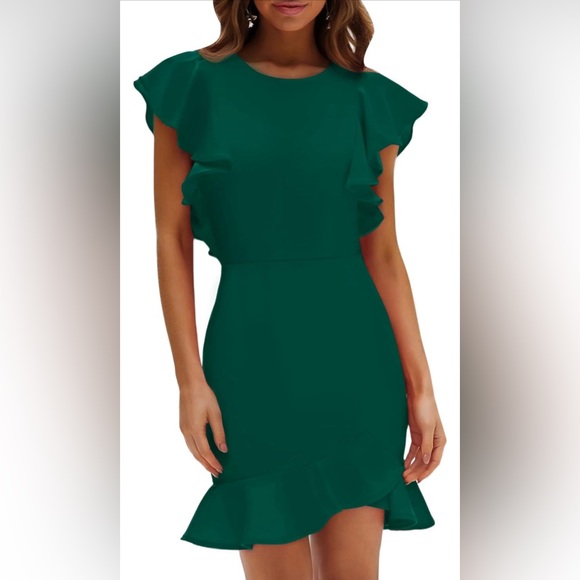 Women's Summer Mini Dress SHEIN Crewneck Ruffle Hem Flutter Sleeves - Picture 2 of 6